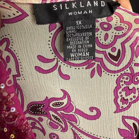 Vintage Silkland Tunic Top 1X 100% Silk Y2K Beaded Boho Tunic Pink Floral Sheer - Picture 6 of 8